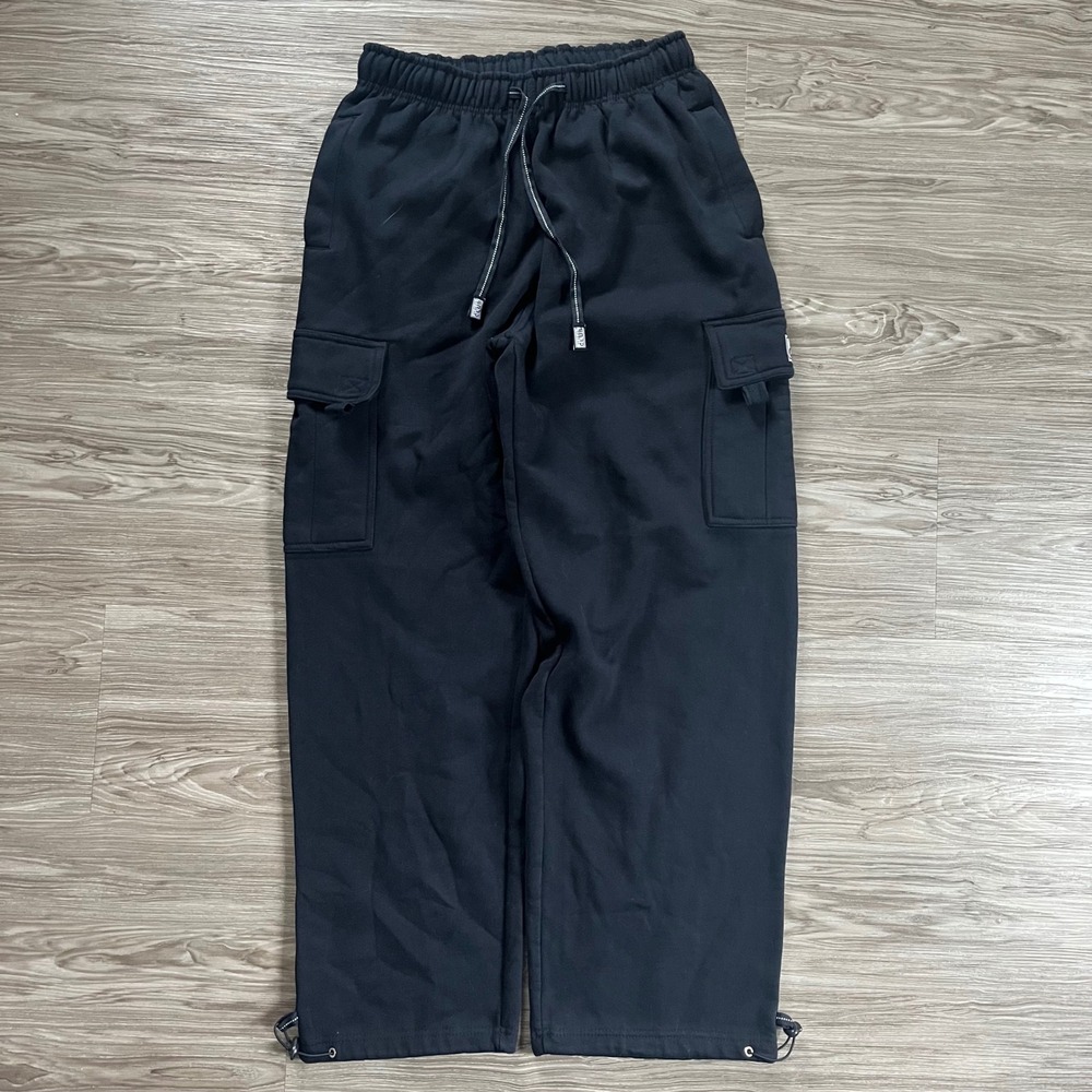 Pro Club Heavyweight Cargo Sweatpants Mens Medium Black Fleece Bungee Joggers
